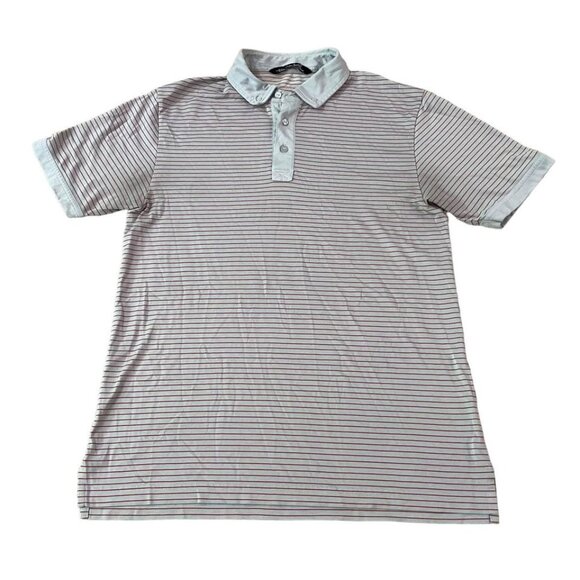 Travis Mathew Polo Golf Shirt Men’s Size Medium Scarlet and Gray Stripes Flawed - Picture 1 of 6